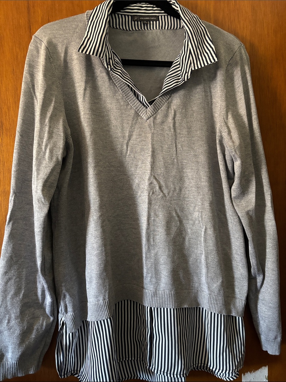 Adrianna Papell Gray Knit Top with Navy and White Striped Collar